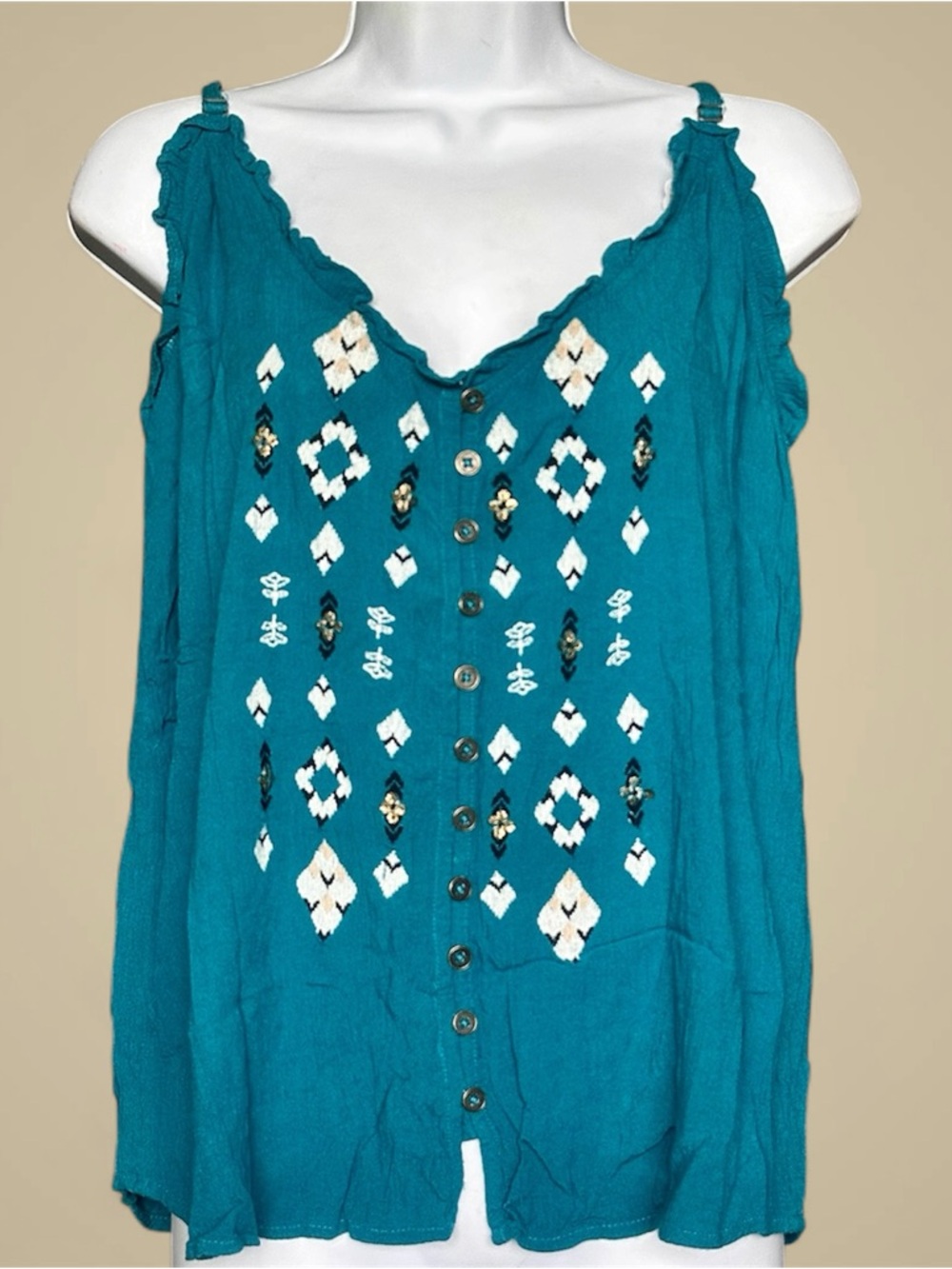 Shyanne Teal Button-Front Embroidered Camisole Top by Shyanne (Boot Barn)
